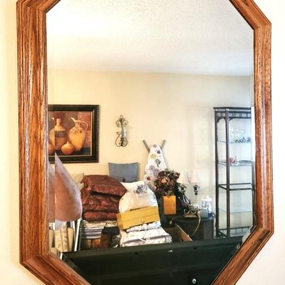 Vintage Mid Century Octagonal Wood Glass Mirror