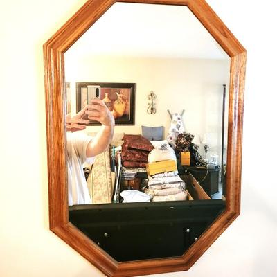 Vintage Mid Century Octagonal Wood Glass Mirror