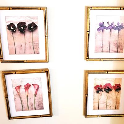 4 Gold Bamboo Framed Flower Artwork