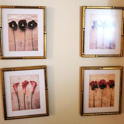 4 Gold Bamboo Framed Flower Artwork