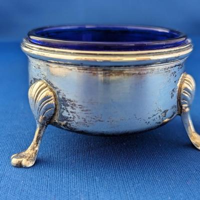 Vintage sterling and cobalt blue glass open salt cellar Made by M Fred Hirsch