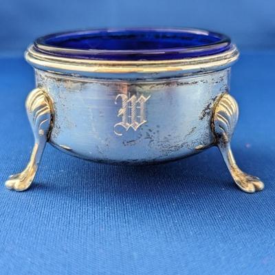 Vintage sterling and cobalt blue glass open salt cellar Made by M Fred Hirsch