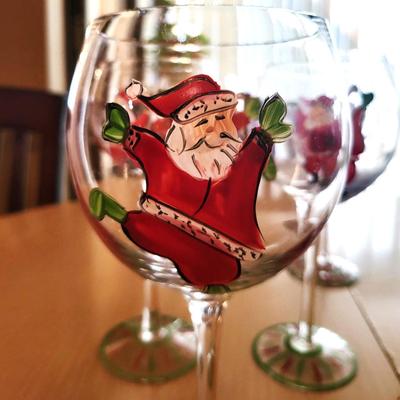 10 Hand Painted Santa Themed Wine Glasses