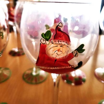 10 Hand Painted Santa Themed Wine Glasses