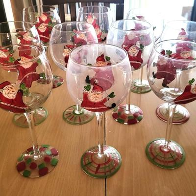 10 Hand Painted Santa Themed Wine Glasses