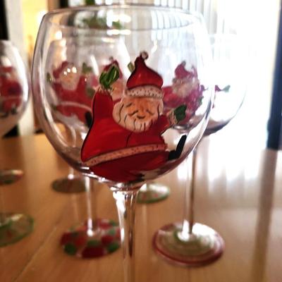 10 Hand Painted Santa Themed Wine Glasses