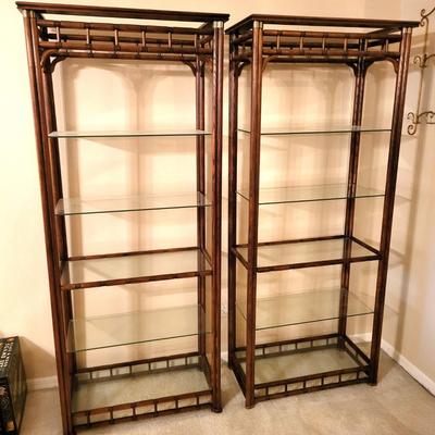 2 Vintage Bamboo Rattan Shelving Units with Glass