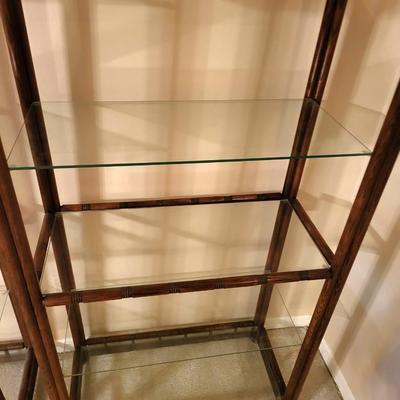 2 Vintage Bamboo Rattan Shelving Units with Glass