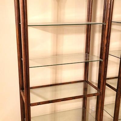 2 Vintage Bamboo Rattan Shelving Units with Glass