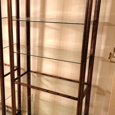 2 Vintage Bamboo Rattan Shelving Units with Glass