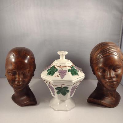 Hand Made and Painted Ceramic Statues- Head Design and Grape and Leaves Design Box with Lid