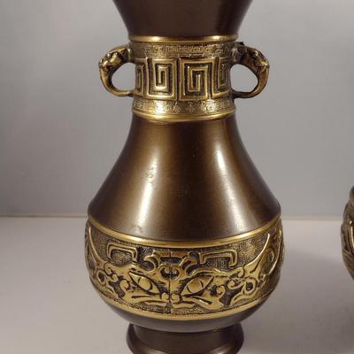 Pair of Metal Urn Vases with Greek Key Accent