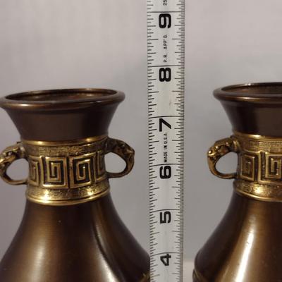 Pair of Metal Urn Vases with Greek Key Accent