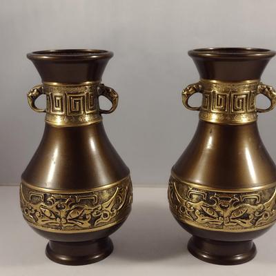 Pair of Metal Urn Vases with Greek Key Accent
