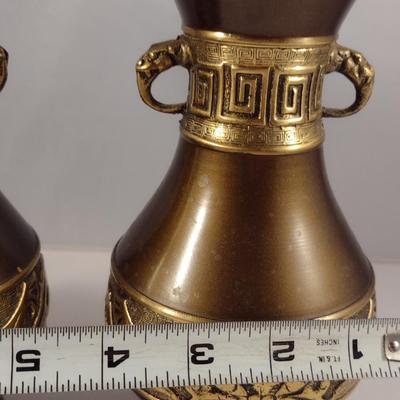 Pair of Metal Urn Vases with Greek Key Accent