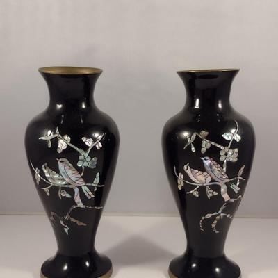 Painted Metal Vases with Mother of Pearl Inlay