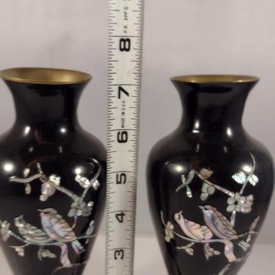Painted Metal Vases with Mother of Pearl Inlay
