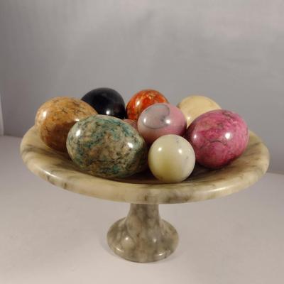 Collection of Multi-Colored Stone 'Eggs' with Marble Pedestal Bowl
