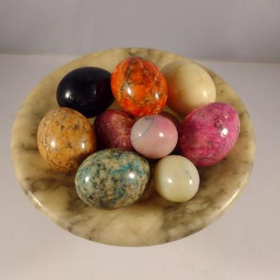 Collection of Multi-Colored Stone 'Eggs' with Marble Pedestal Bowl