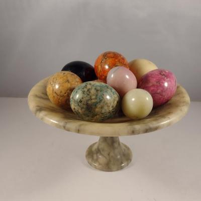 Collection of Multi-Colored Stone 'Eggs' with Marble Pedestal Bowl