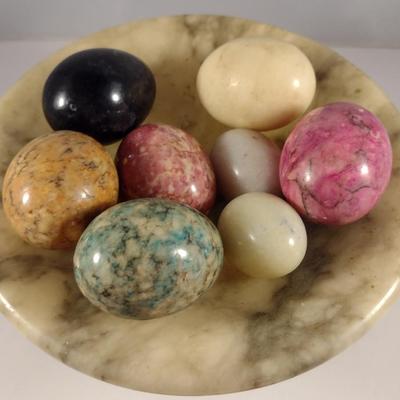 Collection of Multi-Colored Stone 'Eggs' with Marble Pedestal Bowl