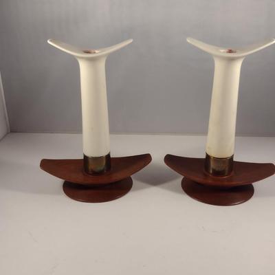 Porcelain Candle Stick Holders with Wooden Bases