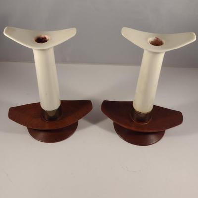 Porcelain Candle Stick Holders with Wooden Bases