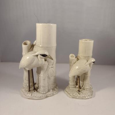 Vintage Fitz and Floyd Glazed Porcelain Vase and Candle Holder- Crane and Bamboo Design