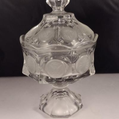 Vintage Fostoria Coin Dot Glass Pedestal Candy Dish with Lid