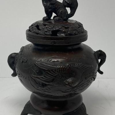 VINTAGE Chinese Bronze Foo Dog w/ Lid Incense Burner