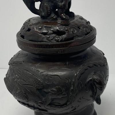 VINTAGE Chinese Bronze Foo Dog w/ Lid Incense Burner