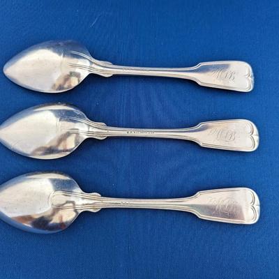 3 (three) RARE coin silver spoons Mono "WLB" for Washington Lafayette Baber (1824-1863) made by H.E. Baldwin New Orleans