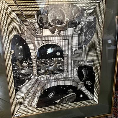 1291 Framed M.C. Escher â€œOther Worldâ€ Imported Color Print w/ Artist Book