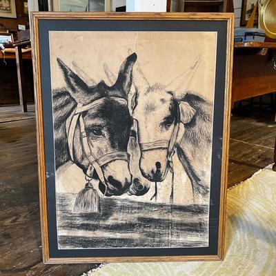 1292 Original Charcoal Portrait of Donkeys