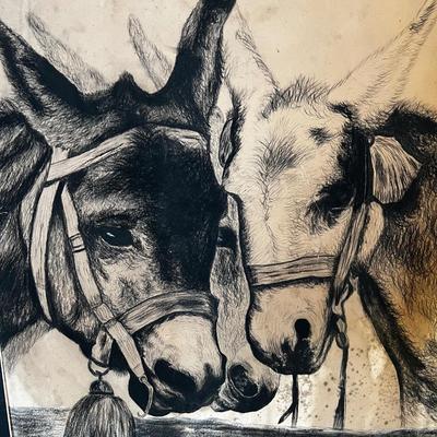 1292 Original Charcoal Portrait of Donkeys