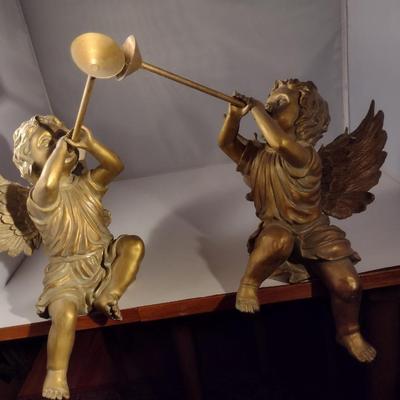 Pair of Gilded Trumpeting Angel Shelf Sitter Figurines