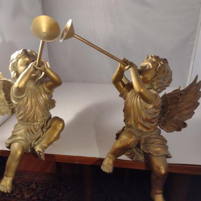 Pair of Gilded Trumpeting Angel Shelf Sitter Figurines