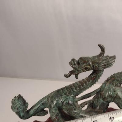 Heavy Cast Metal Dragon on Wooden Base
