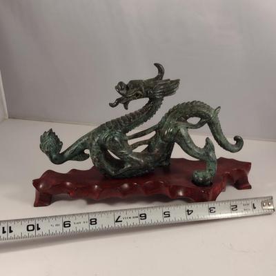 Heavy Cast Metal Dragon on Wooden Base
