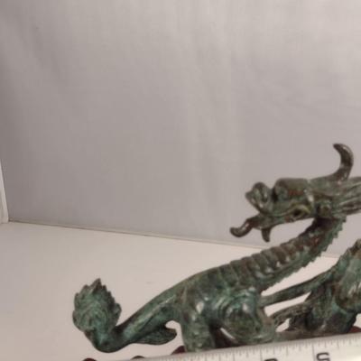Heavy Cast Metal Dragon on Wooden Base