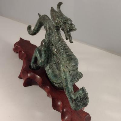 Heavy Cast Metal Dragon on Wooden Base