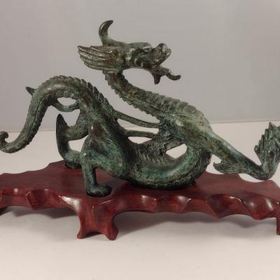 Heavy Cast Metal Dragon on Wooden Base