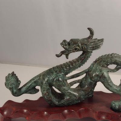 Heavy Cast Metal Dragon on Wooden Base