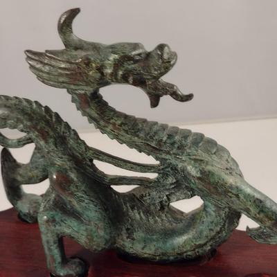 Heavy Cast Metal Dragon on Wooden Base