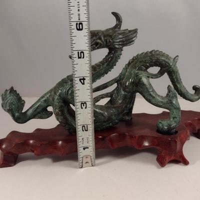 Heavy Cast Metal Dragon on Wooden Base