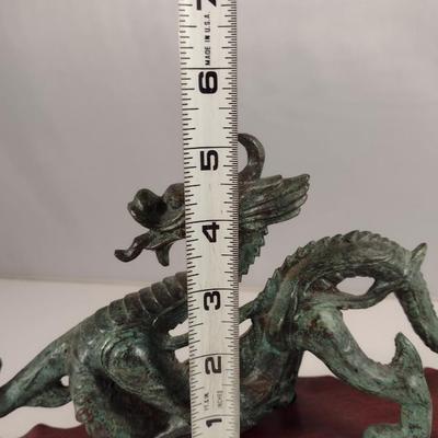Heavy Cast Metal Dragon on Wooden Base
