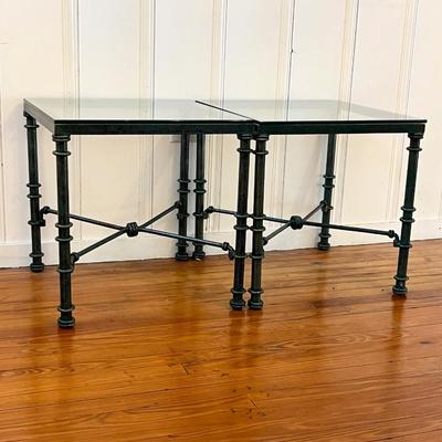 Pair (2) ~ Green & Black Finish Metal End Tables ~ With Glass Top