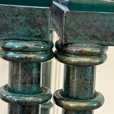 Pair (2) ~ Green & Black Finish Metal End Tables ~ With Glass Top