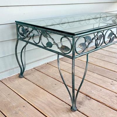 Distressed Green Metal / Glass Coffee Table