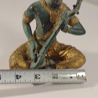 Thai Hindu Gilt Bronze Deity Statue Playing Dram